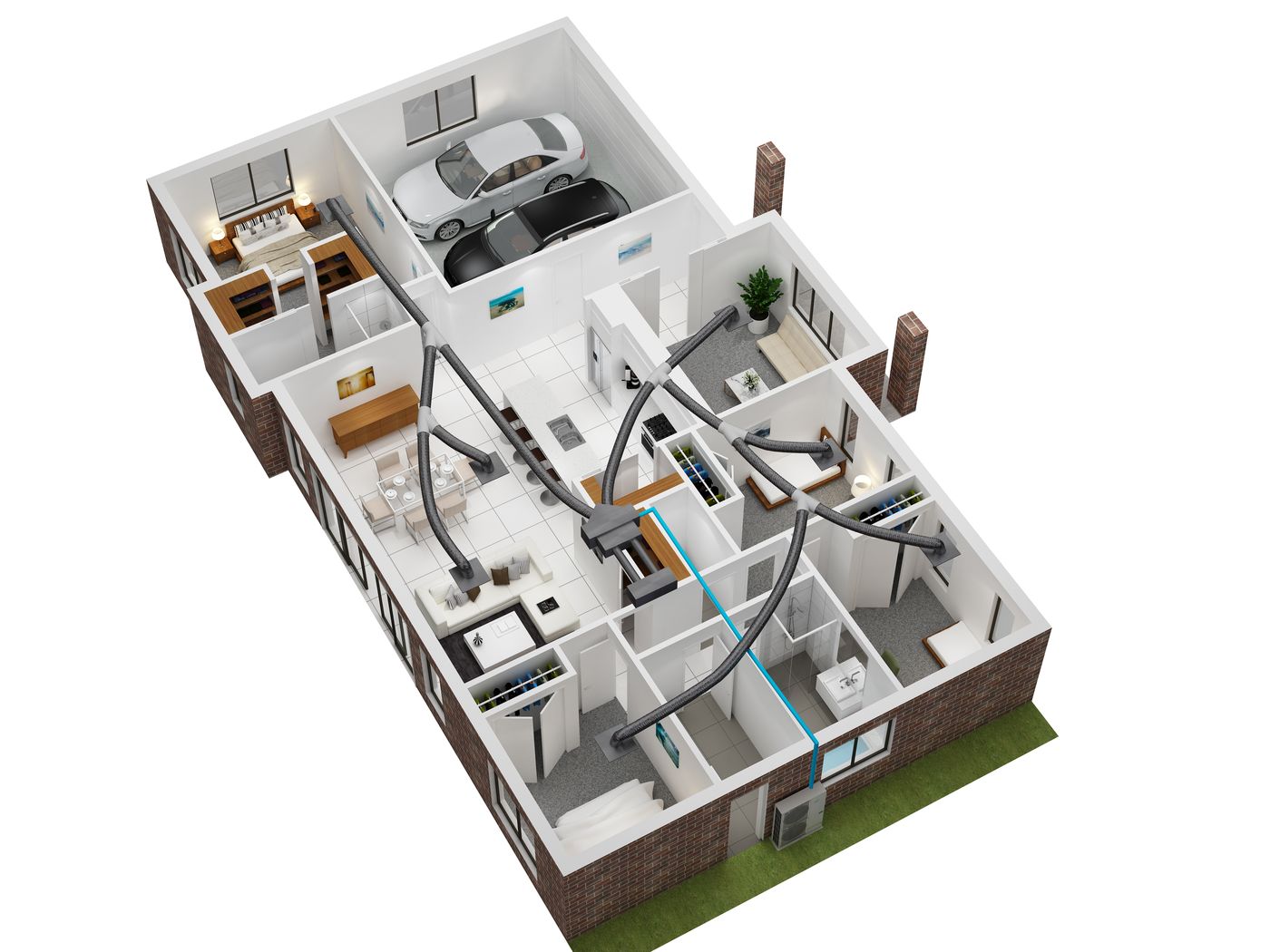Cutaway illustration of a ducted air conditioning system, with flexible ducts running from a central unit to outlets in every room